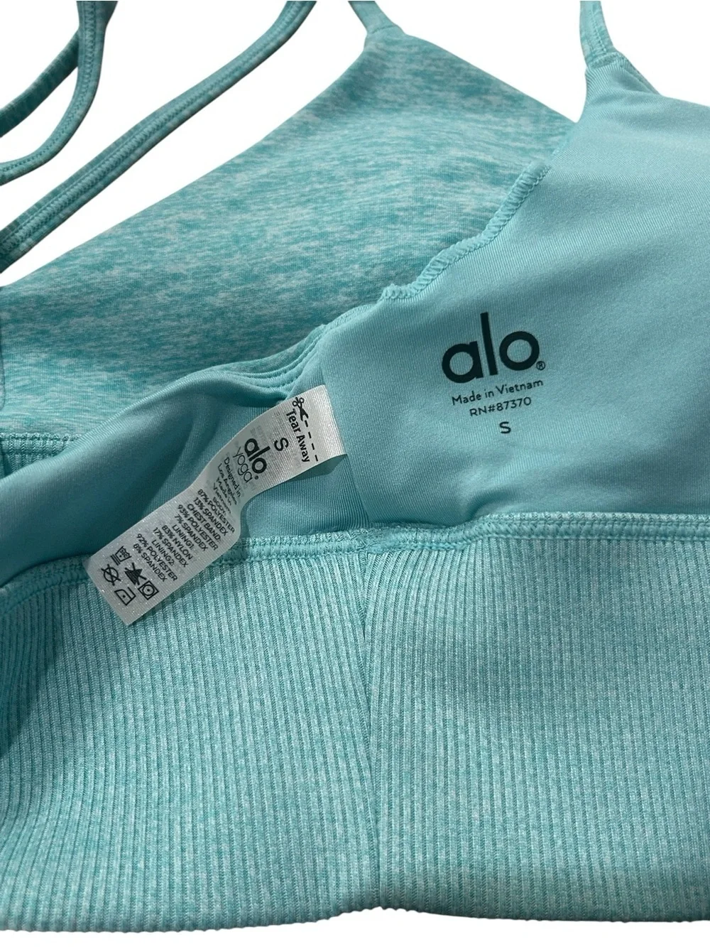 ALO Yoga Lavish Bra In Aqua Strappy Back Sports Bra Small Heather Blue Alosoft